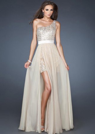 Champagne One Shoulder Sparkly High Low Prom Dress Online Sale